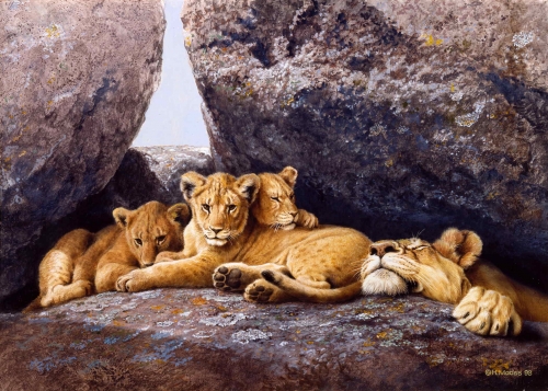 Löwin mit Jungen</br>
1998, Acryl